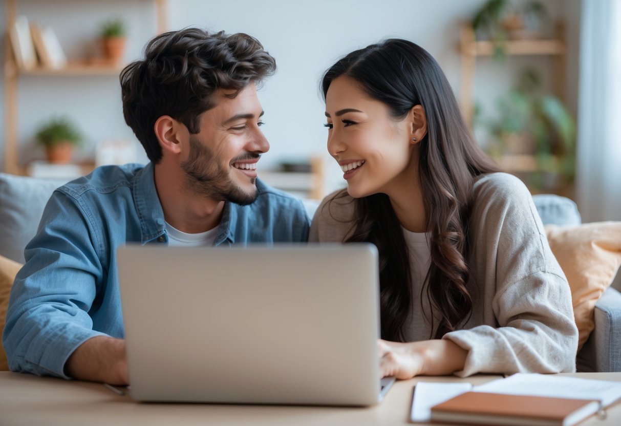 A young couple smiling at each other during a video call on a laptop in a cozy living room.