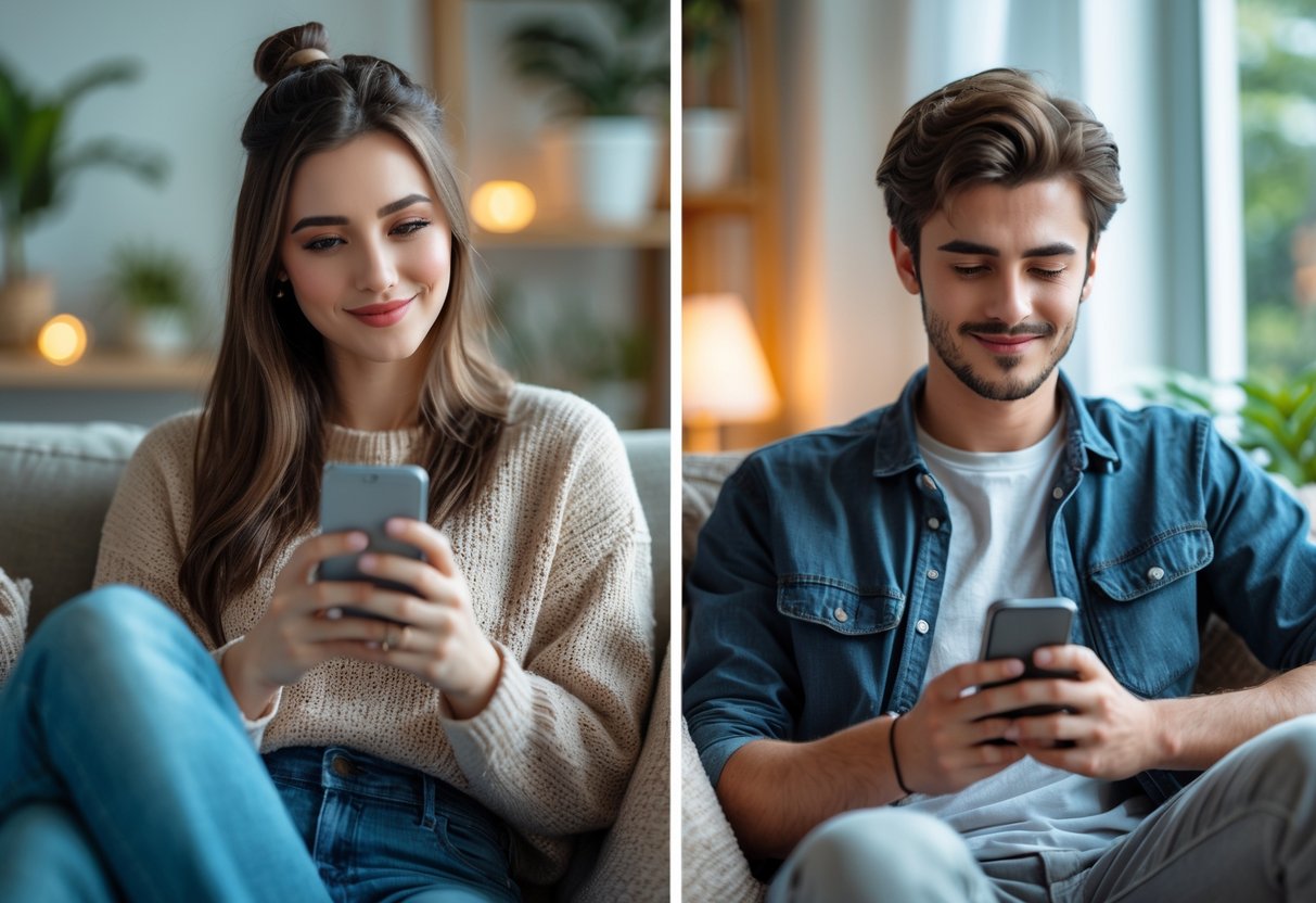 A young woman and a young man in separate locations each looking at their phones calmly and smiling gently.