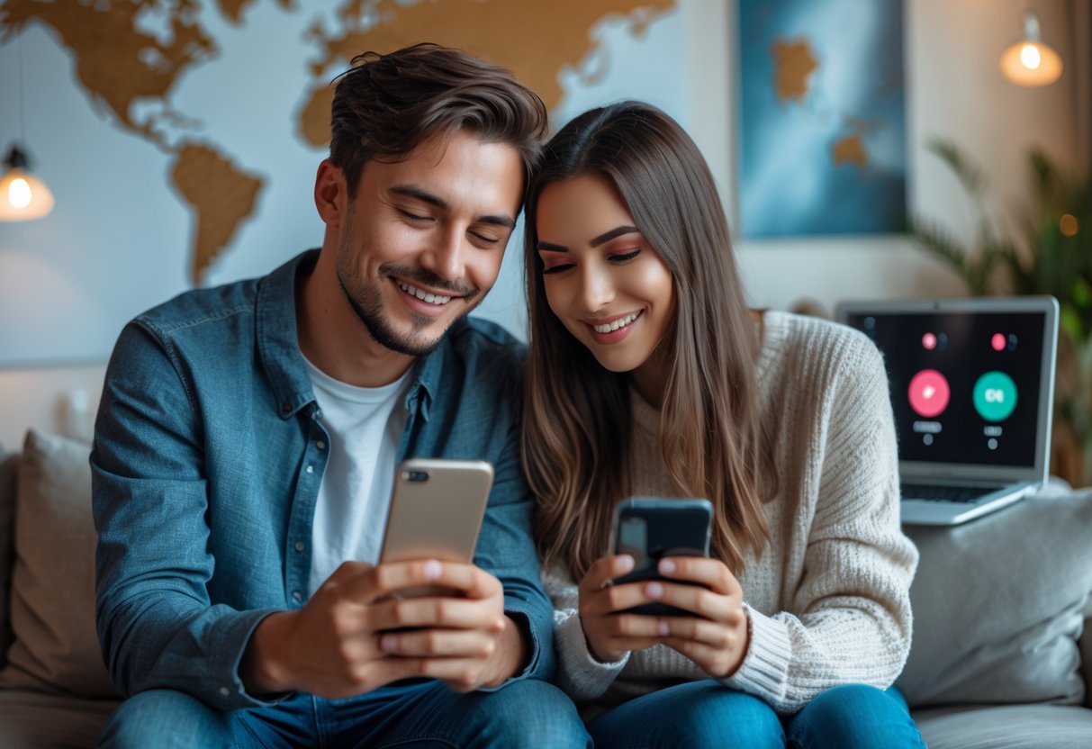 A young couple sitting apart in a living room, each holding a smartphone and smiling while using countdown apps to stay connected.