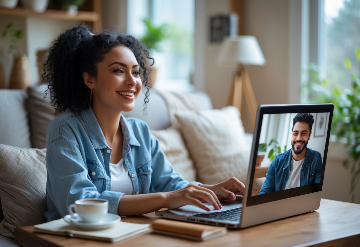 A young woman and a man having a warm and attentive video call on a laptop in a cozy room.