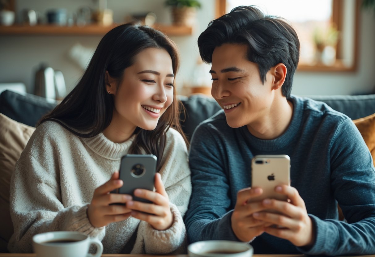 A young couple video calling each other from separate rooms, smiling and connecting through their smartphones.
