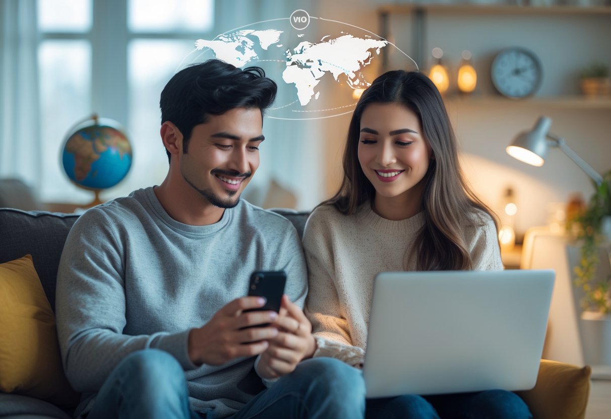 Two people in separate rooms communicating warmly through their devices, symbolizing a long distance relationship.
