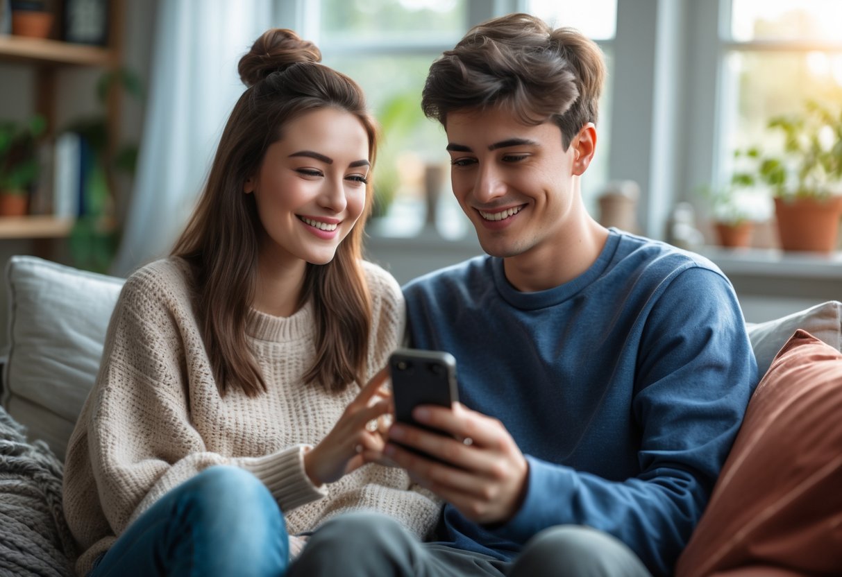A young woman smiling at her smartphone screen while video chatting with a young man, both appearing happy and connected.