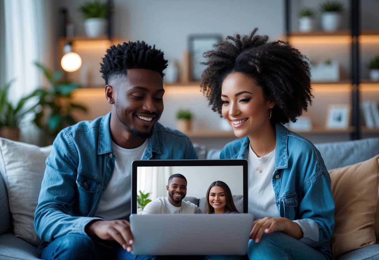 A young couple smiling and talking to each other on a laptop during a virtual date from their separate homes.
