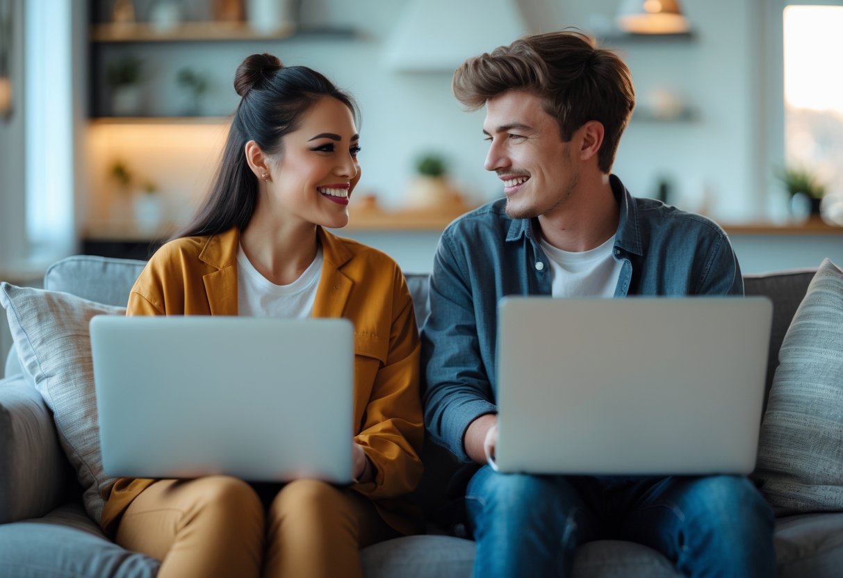 A young woman and a young man smiling at their laptops during a virtual video call in their home settings.