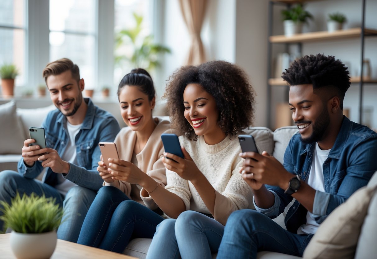 Three young adults using smartphones and smiling while sitting together in a cozy living room.
