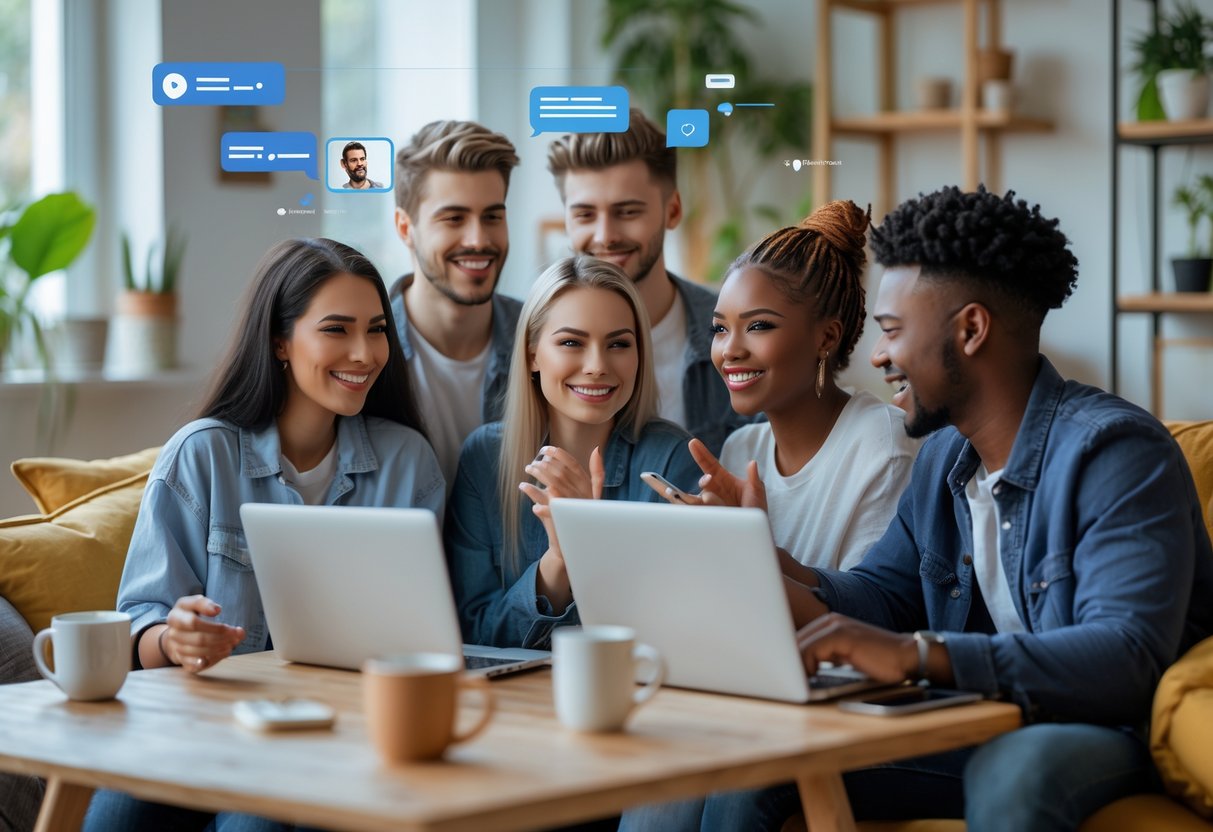 A diverse group of young adults smiling and interacting on laptops and smartphones in a cozy living room, showing online virtual dating connections.
