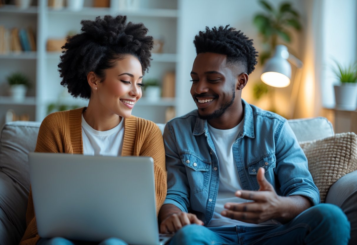 A young couple smiling and talking to each other on a laptop video call from their cozy home settings.