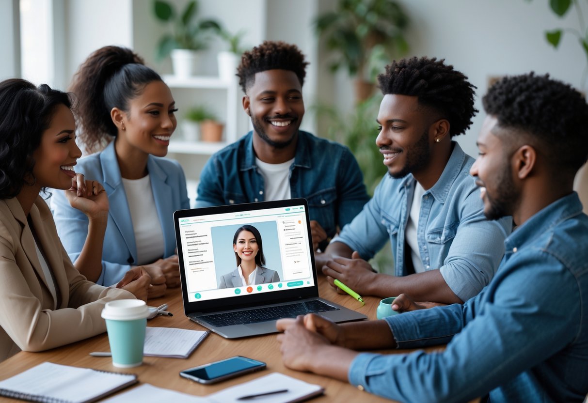 A group of young adults participating in a virtual dating workshop, sitting around a desk with a laptop and taking notes.