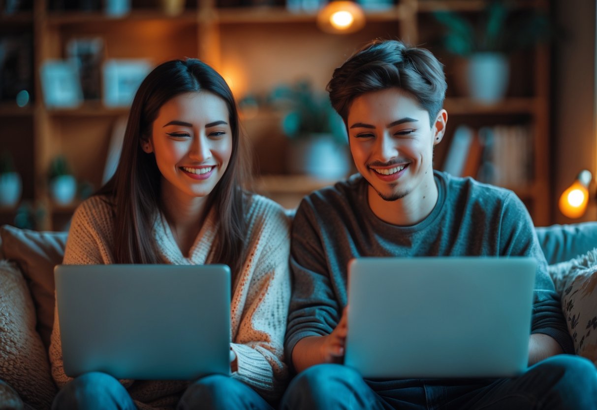 Two people smiling and looking at their laptops during a video call, connecting emotionally from separate rooms.