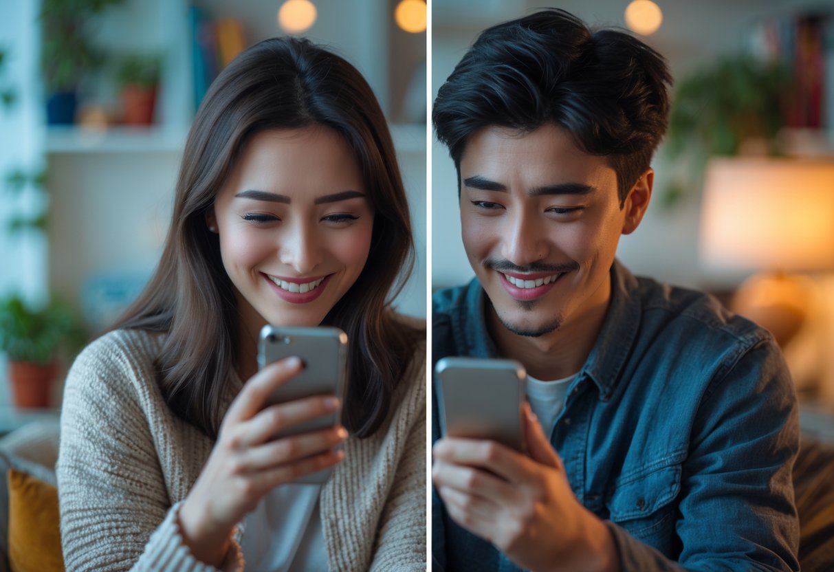 Two people smiling warmly at their smartphones in separate cozy rooms, connecting emotionally from a distance.