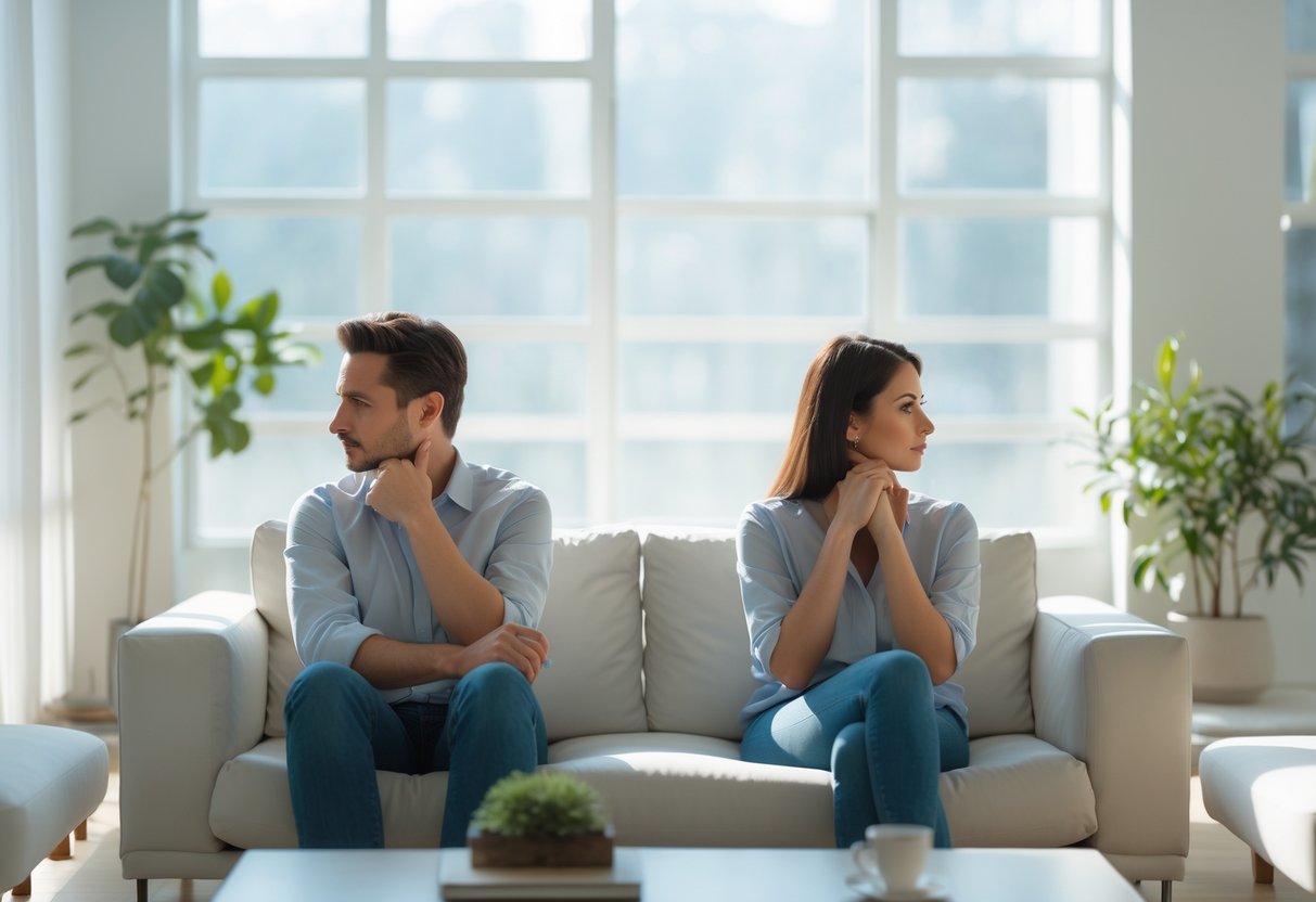 A man and a woman sit apart on a couch in a living room, both looking away and appearing emotionally distant.