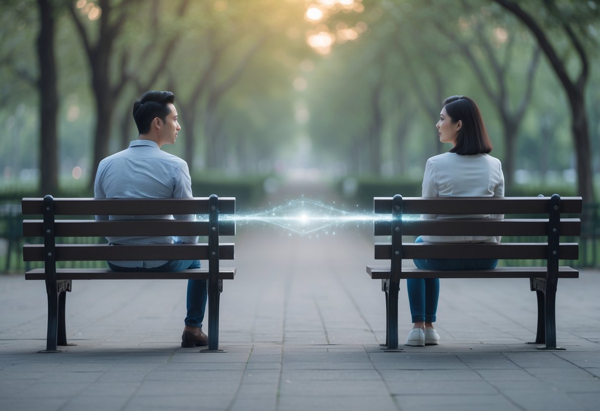 A man and woman sitting apart on a park bench with a faint glowing connection between their hearts, surrounded by trees.