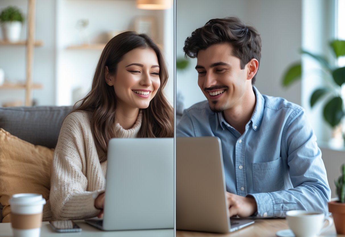 Two people smiling and looking at their devices in separate rooms, showing a warm emotional connection despite being apart.