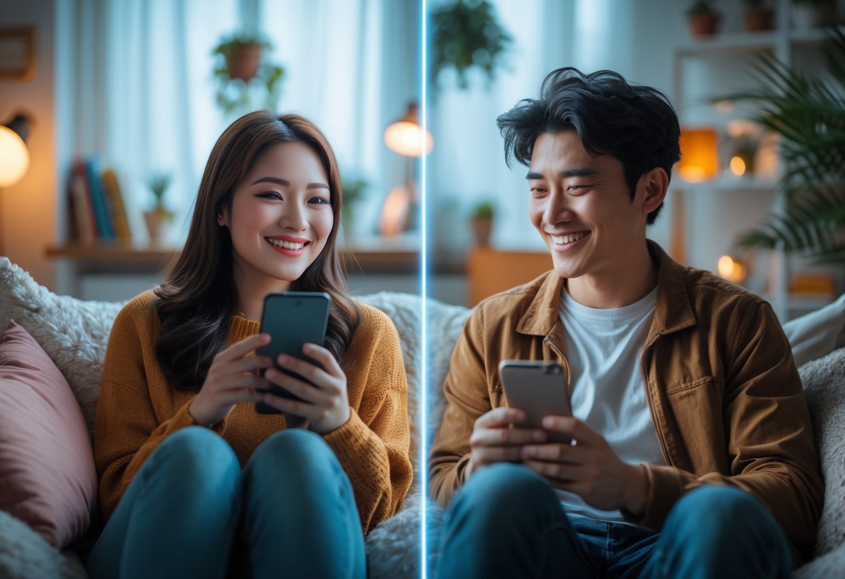 Two people smiling warmly at their smartphones in separate cozy rooms, showing emotional connection from a distance.