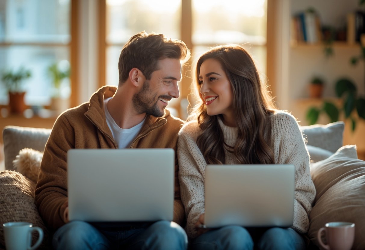A man and a woman in separate rooms smiling at their laptops during a video call, showing emotional connection across distance.