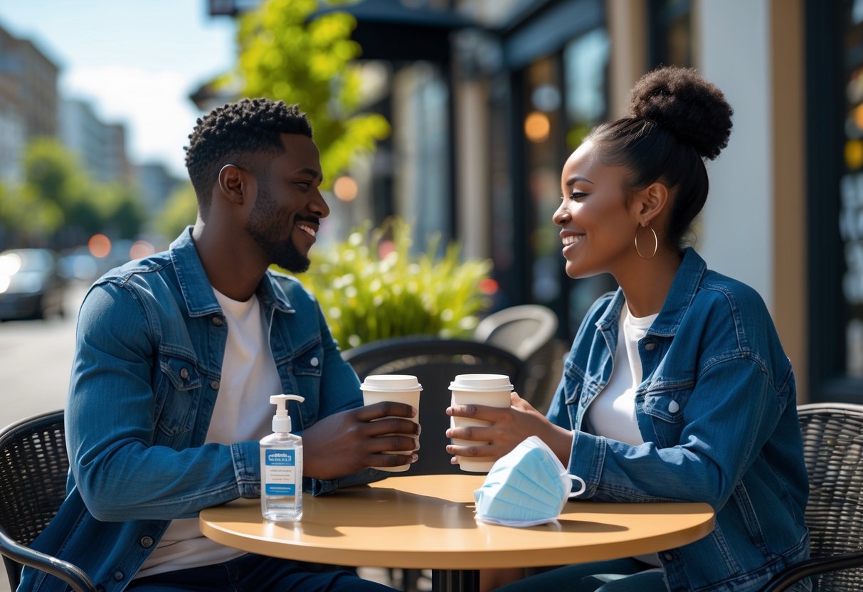 A diverse couple sitting outdoors at a café table, talking and smiling with coffee cups, with hand sanitizer and a face mask on the table.
