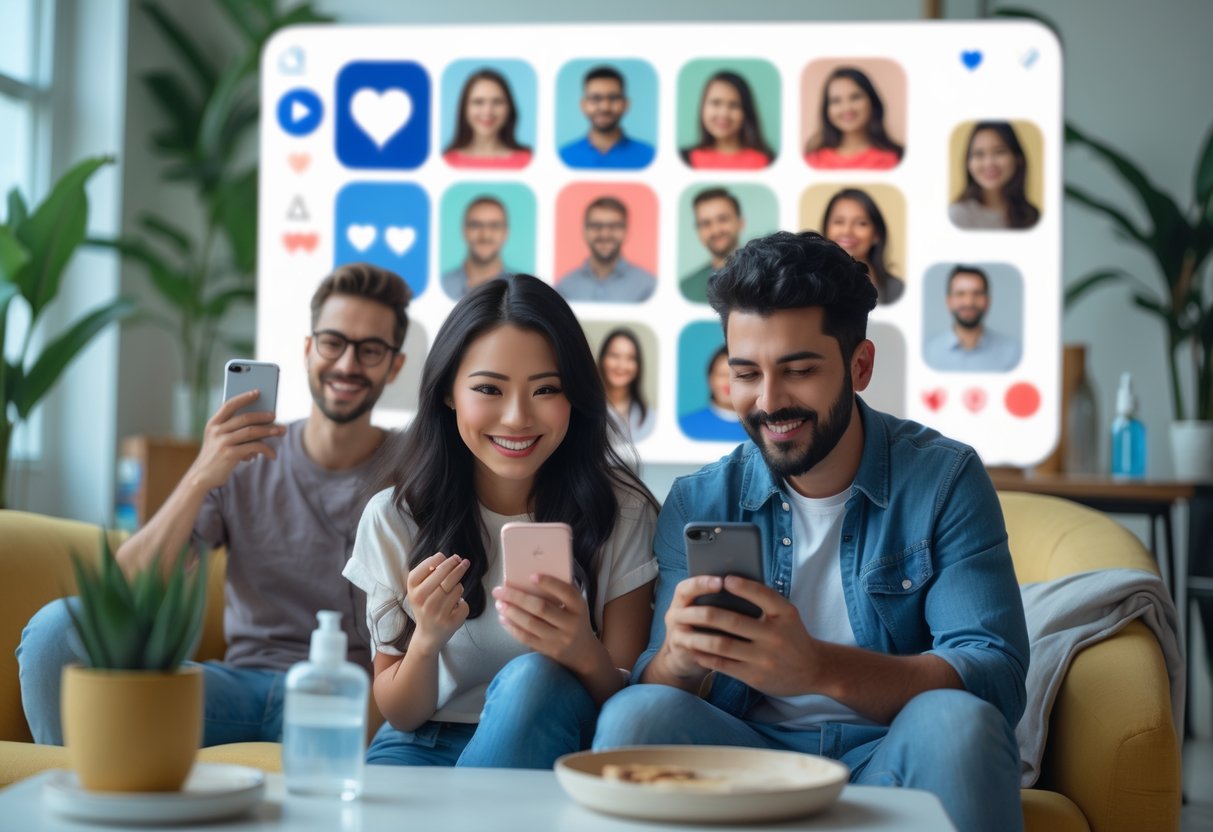 People using smartphones and video calls to connect for online and virtual dating in a modern living room.