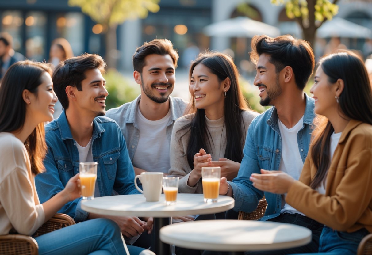 A group of young adults smiling and talking together outdoors at a café, enjoying in-person social interaction.