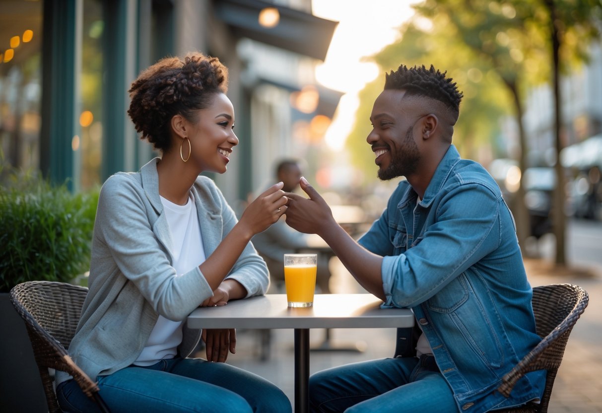 A young couple sitting at an outdoor café table, smiling and engaging warmly with each other in a city setting.