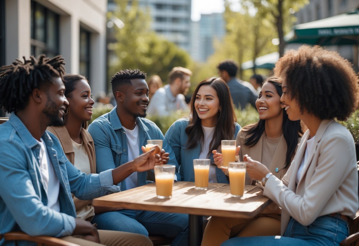 A group of young adults smiling and talking together outdoors in a sunny urban park.