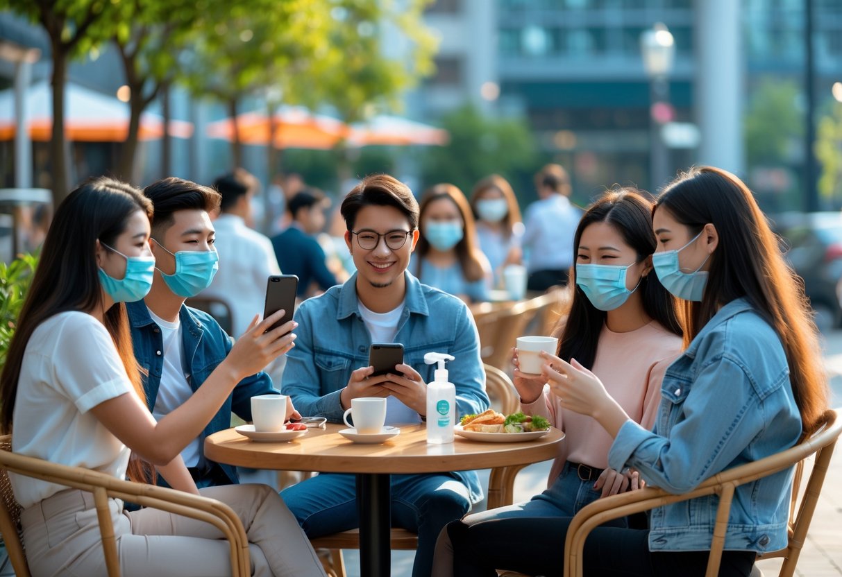 A diverse group of young adults interacting outdoors at a café, using smartphones and sharing coffee while practicing social distancing.