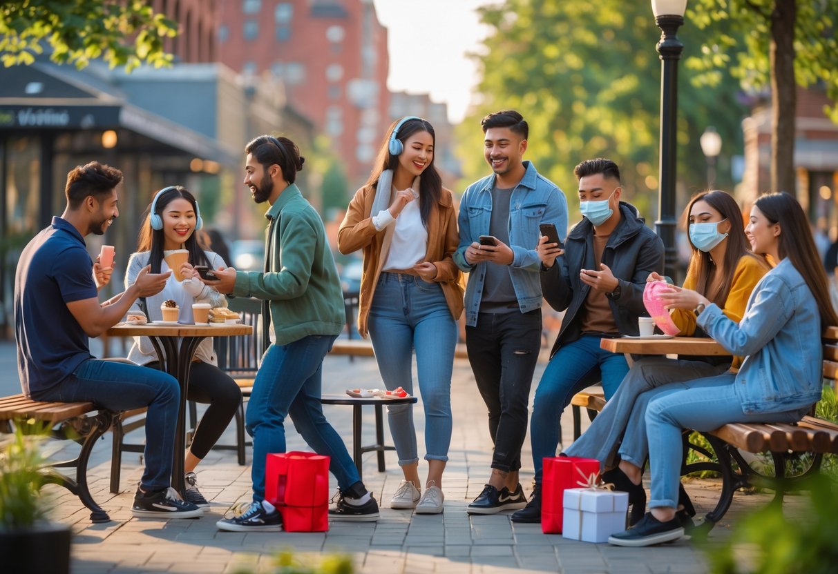A diverse group of young adults enjoying various dating activities outdoors, including video chatting, sharing headphones, using phones, and exchanging gifts.