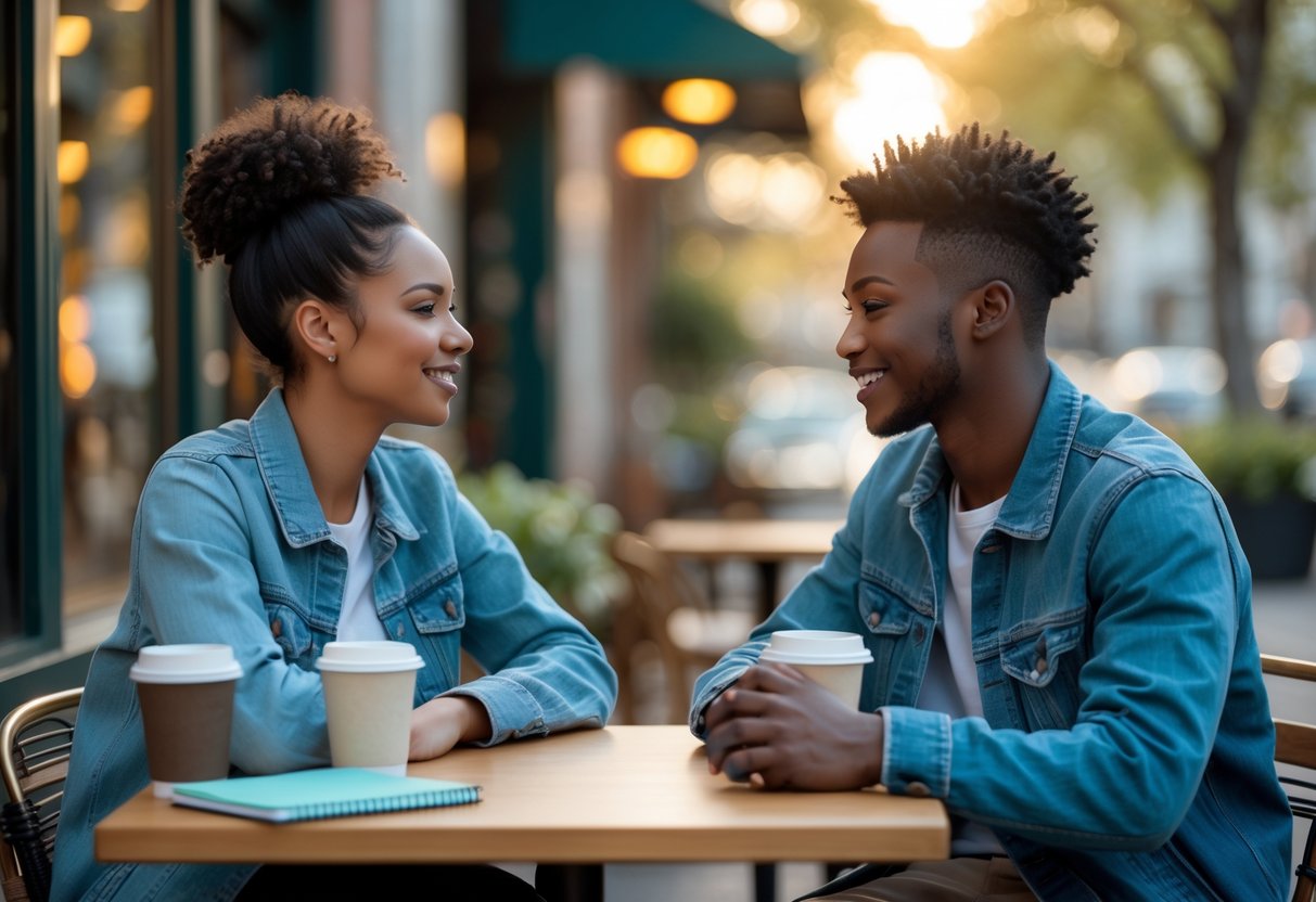 A young couple sitting at a café table outdoors, having a calm and respectful conversation.