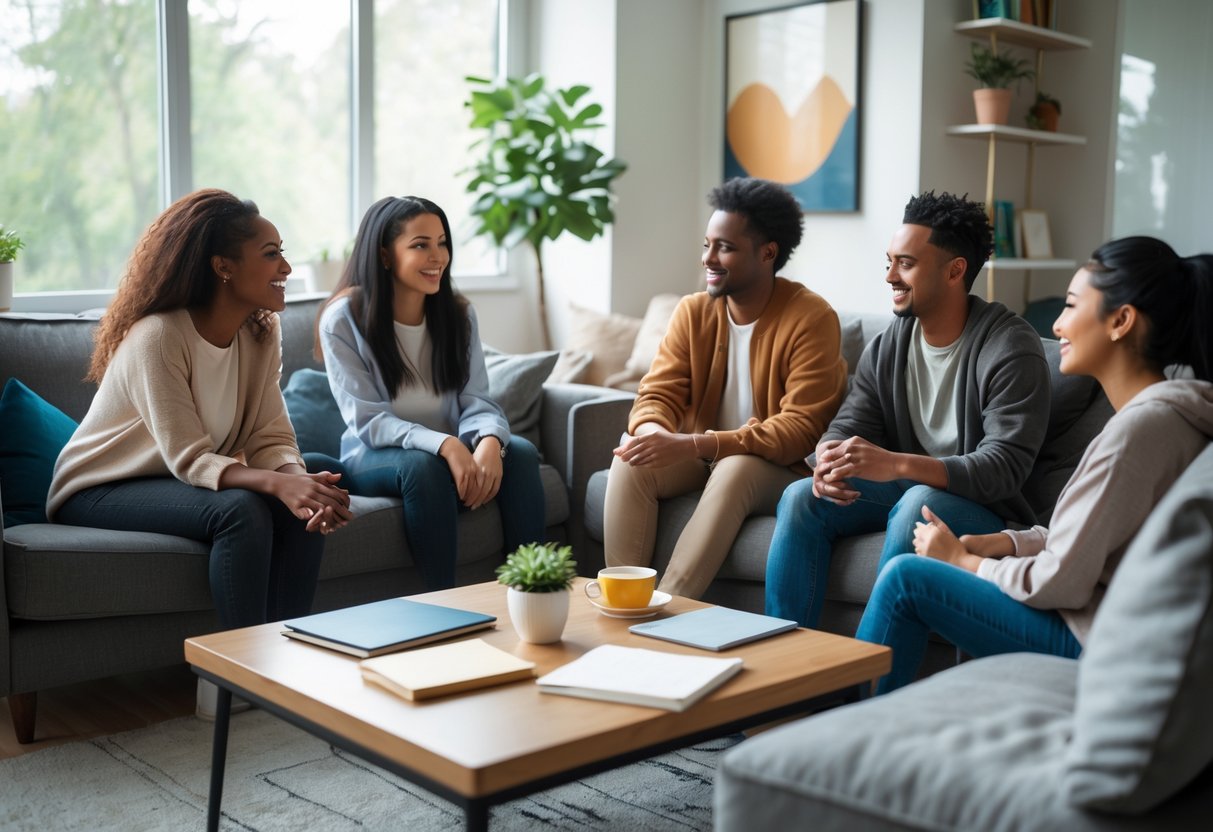 A diverse group of young adults sitting together in a cozy living room, having an open and supportive conversation.