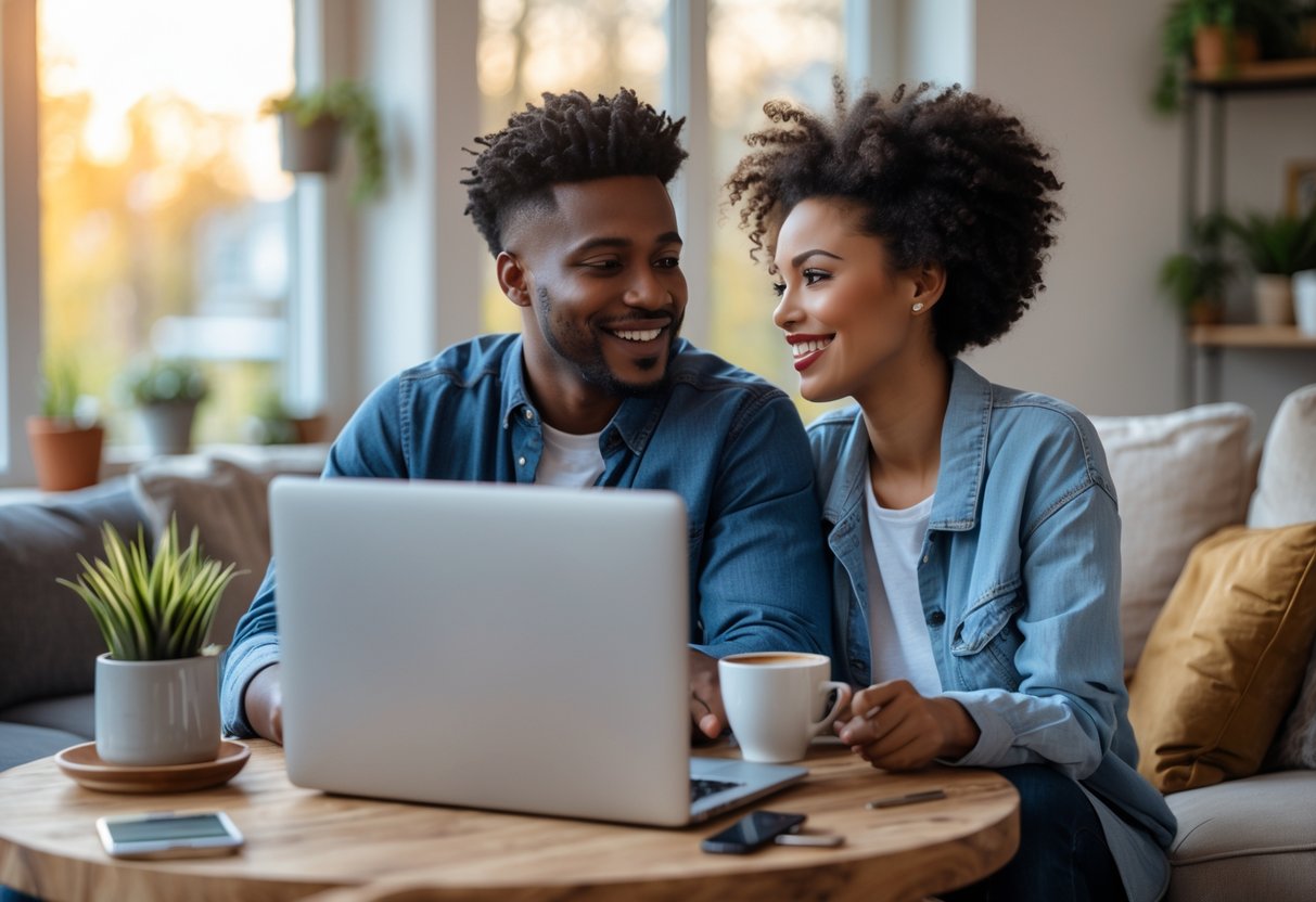 A young couple smiling and talking to each other on a laptop video call in a cozy living room.