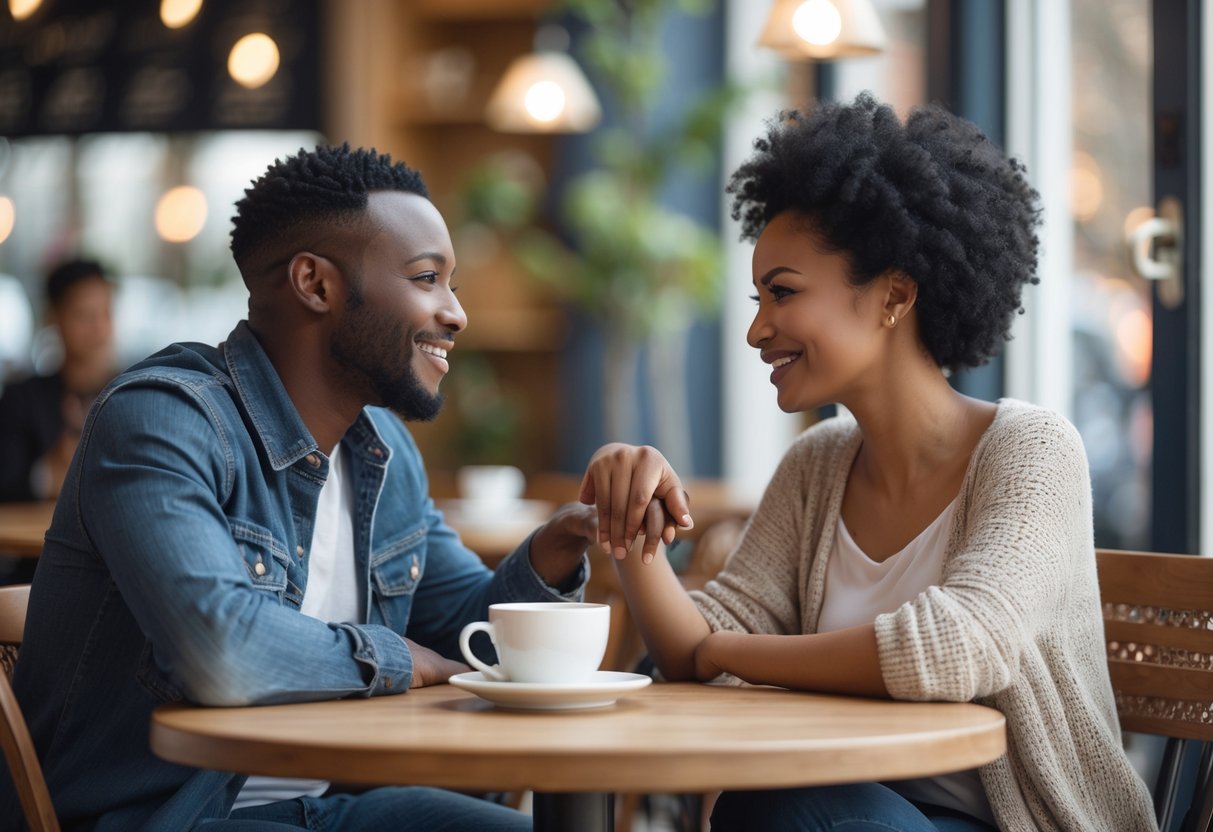 A couple sitting at a café table, talking and smiling warmly at each other.