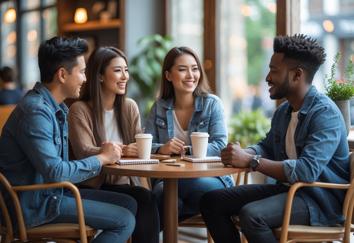 Three young adults sitting around a café table, talking and smiling in a relaxed and friendly atmosphere.