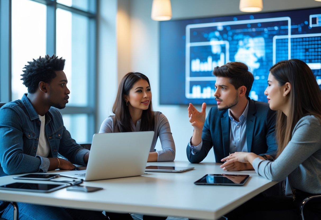 Four young adults sitting around a table in an office, engaged in a discussion with laptops and smartphones.