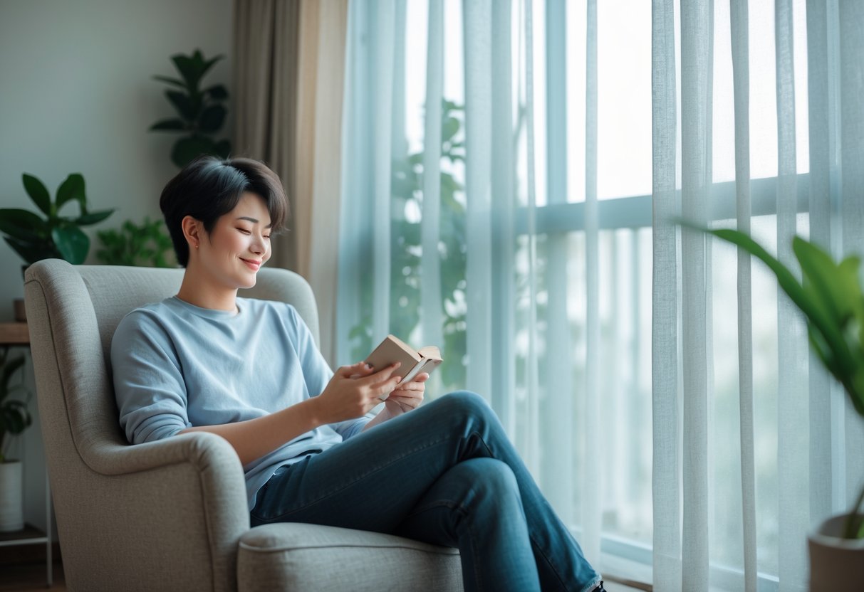 A young adult sitting alone in a cozy armchair near a window, reading a book and enjoying a peaceful moment.