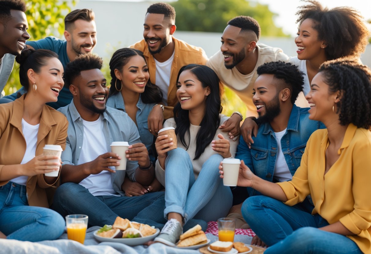 A diverse group of people happily interacting outdoors, sharing smiles and hugs in a warm, natural setting.