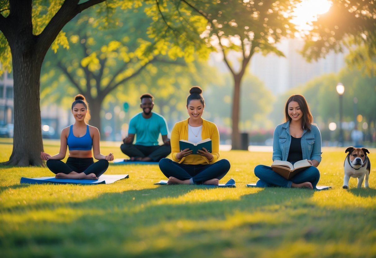 A diverse group of people enjoying peaceful activities alone in a sunny park, including yoga, reading, journaling, and walking a dog.