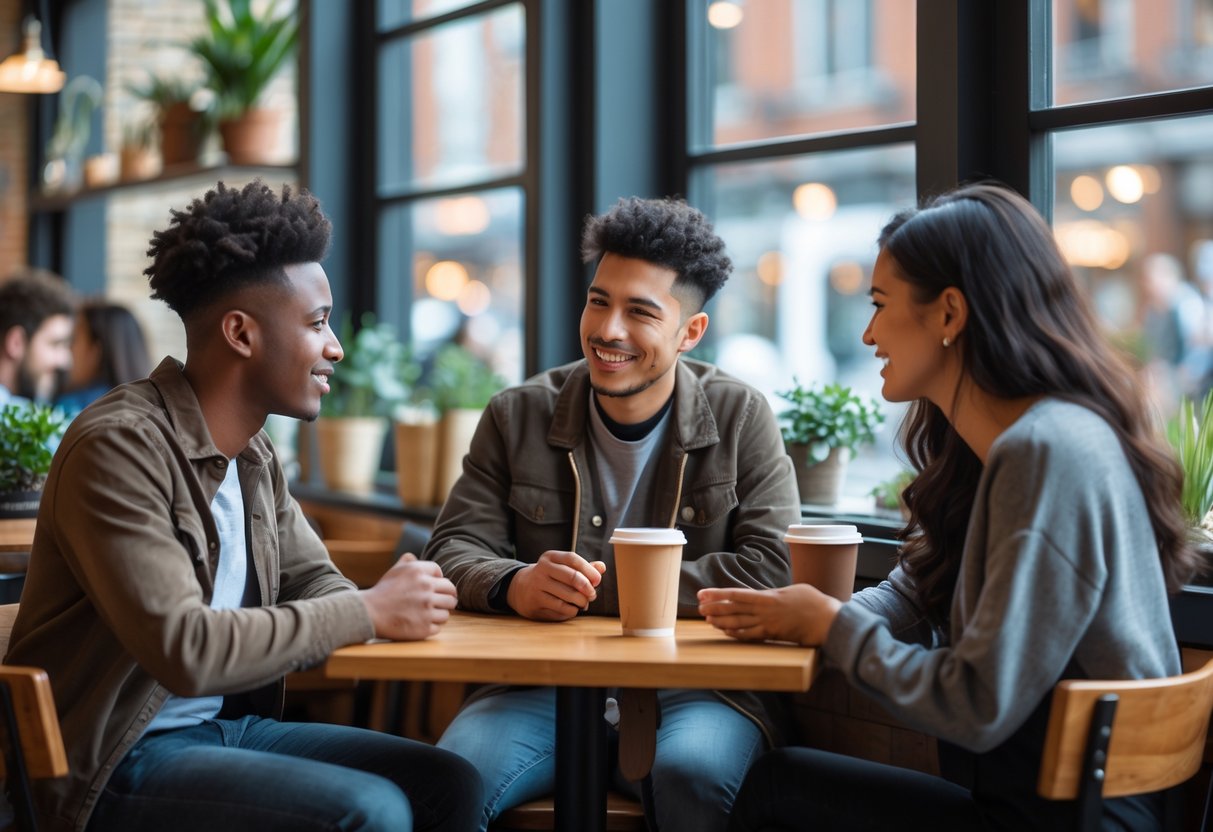 Three young adults sitting around a small table in a café, engaged in a warm and attentive conversation.