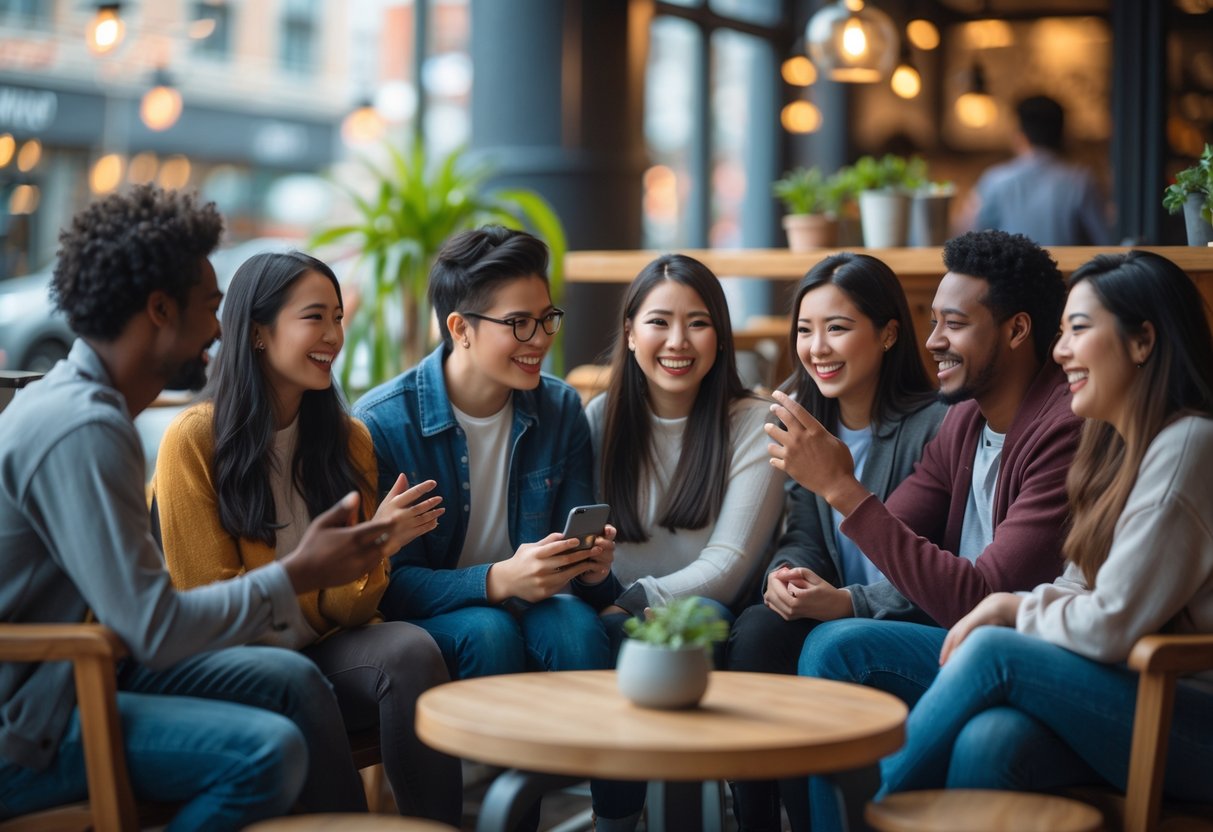 A diverse group of young adults socializing and smiling together at a modern coffee shop patio.