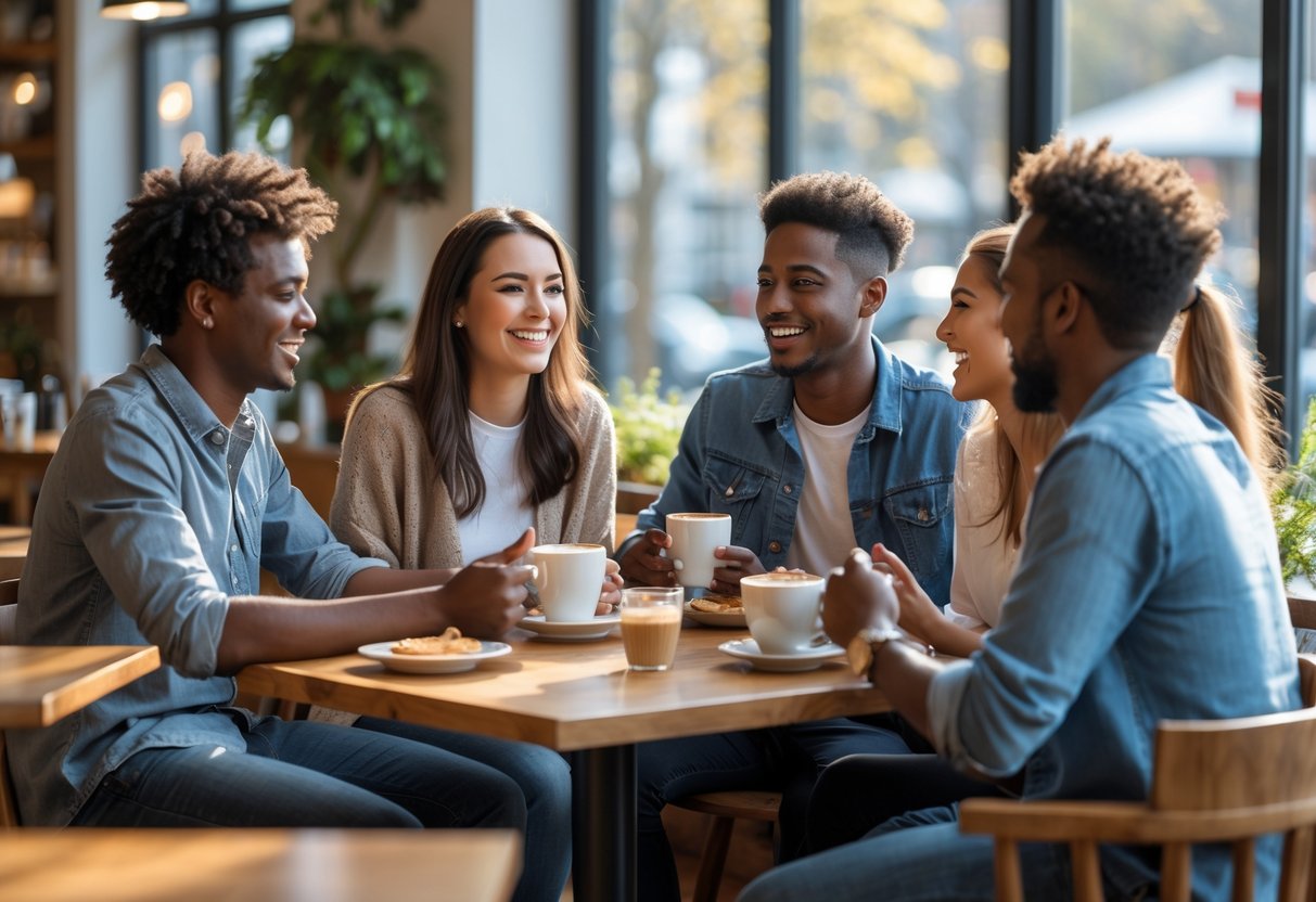 A diverse group of young adults talking and smiling together in a bright café, sharing an engaging and friendly moment.