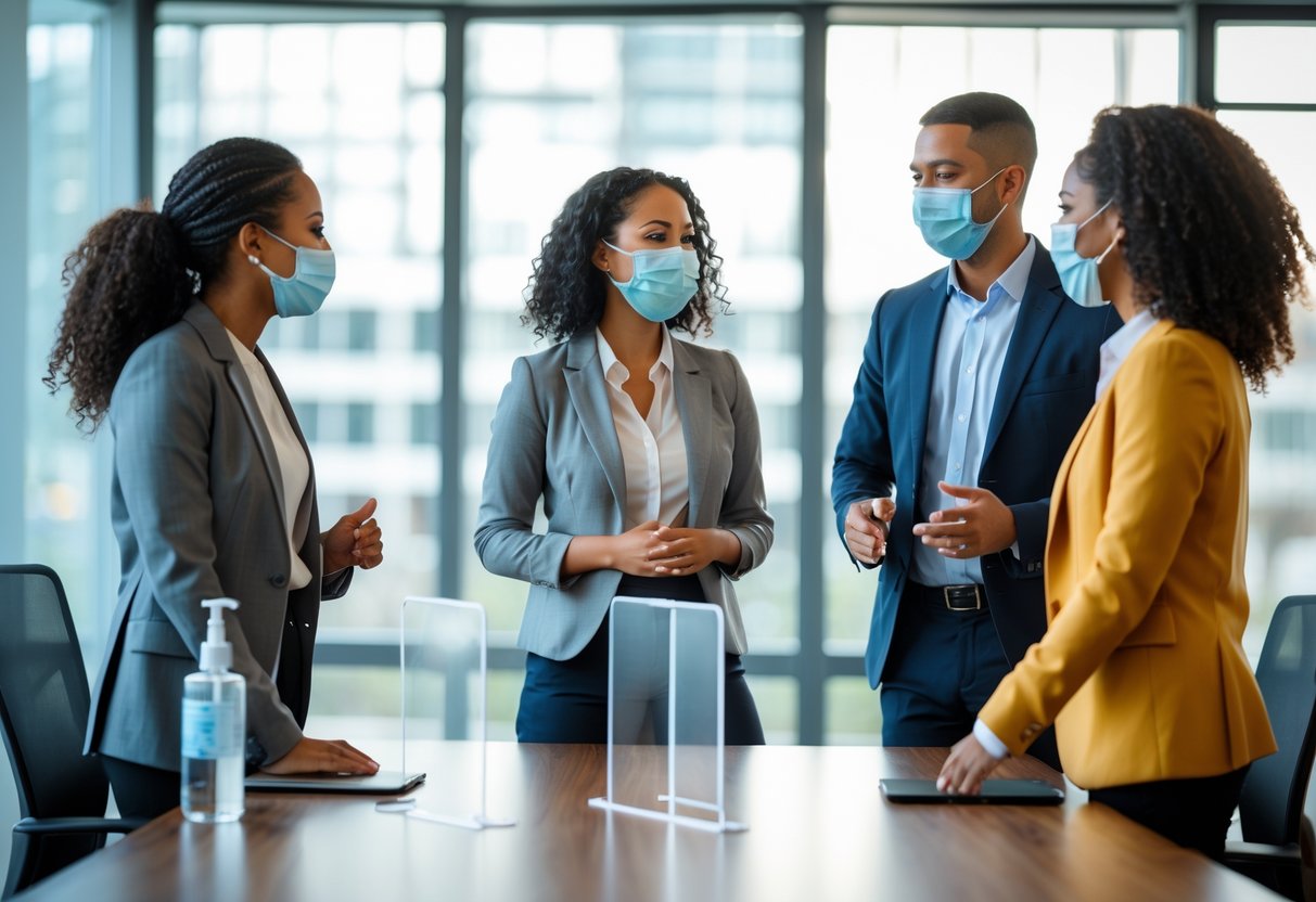 Three colleagues wearing face masks and standing apart around a conference table, talking and collaborating in an office.