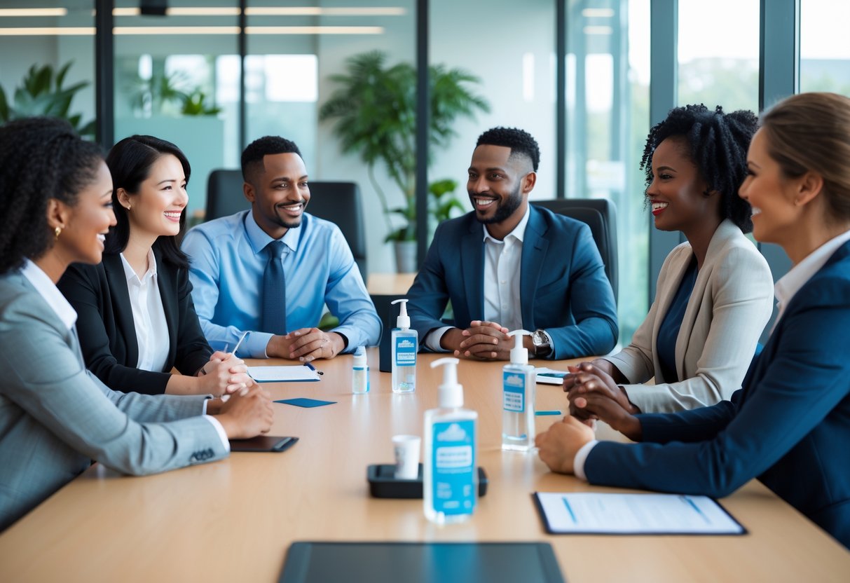 A diverse group of people sitting around a conference table in an office, engaging in a collaborative meeting while maintaining personal space.