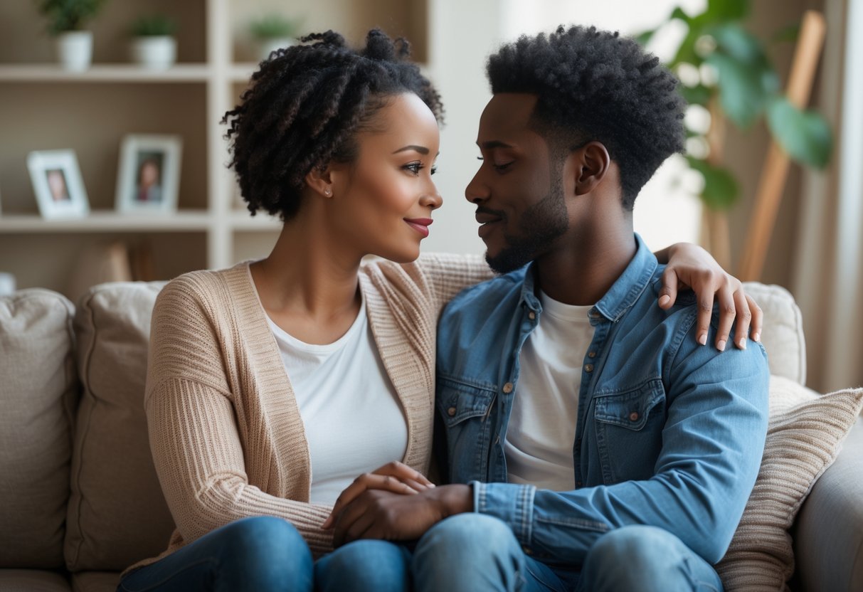 A couple sitting closely on a couch, looking at each other with caring expressions and one person gently touching the other's arm.