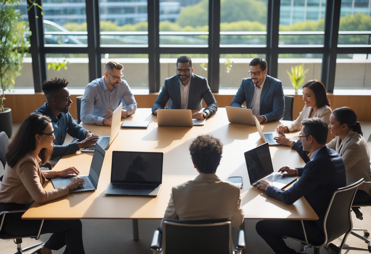 A diverse group of people in an office working both independently and together around a table, showing collaboration and individual focus.