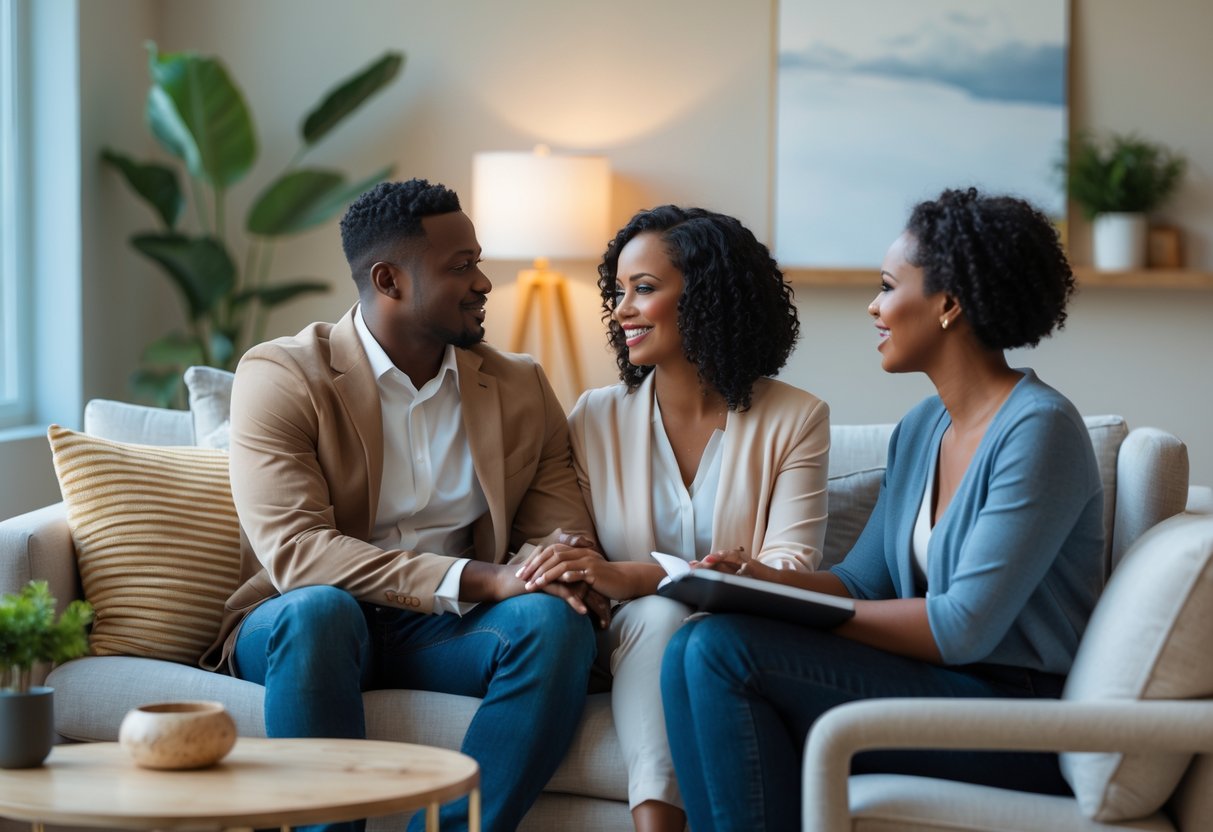A couple sitting closely on a couch in a therapy session with a therapist listening attentively in a calm, softly lit room.