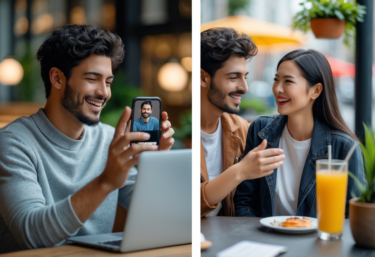 A young couple smiling and interacting through video chat on one side, and meeting in person with warm smiles at an outdoor café on the other side.