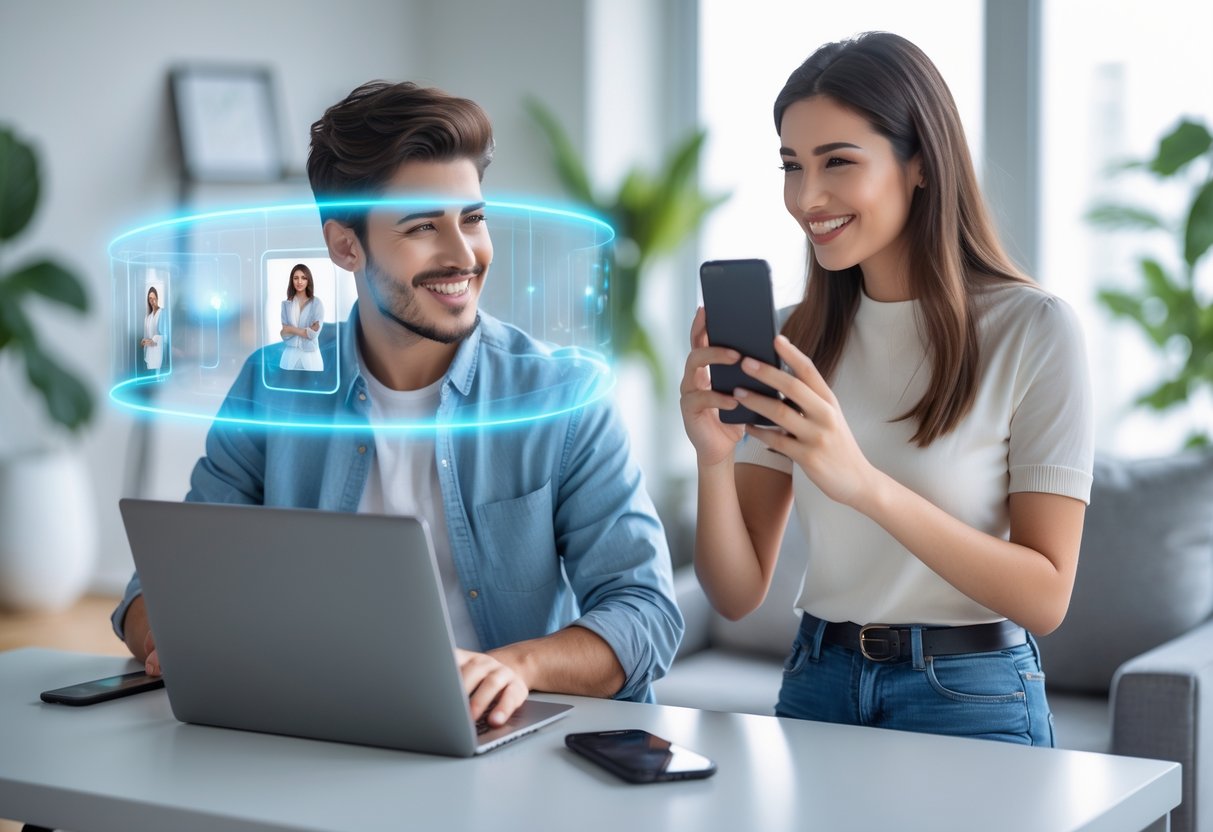 A man and a woman interacting through a laptop and smartphone with a holographic projection between them in a modern living room.