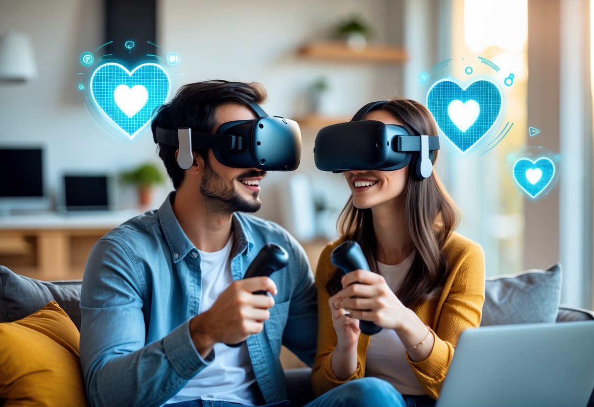 A young couple wearing virtual reality headsets and holding controllers, smiling and interacting in a bright living room with digital icons floating around them.