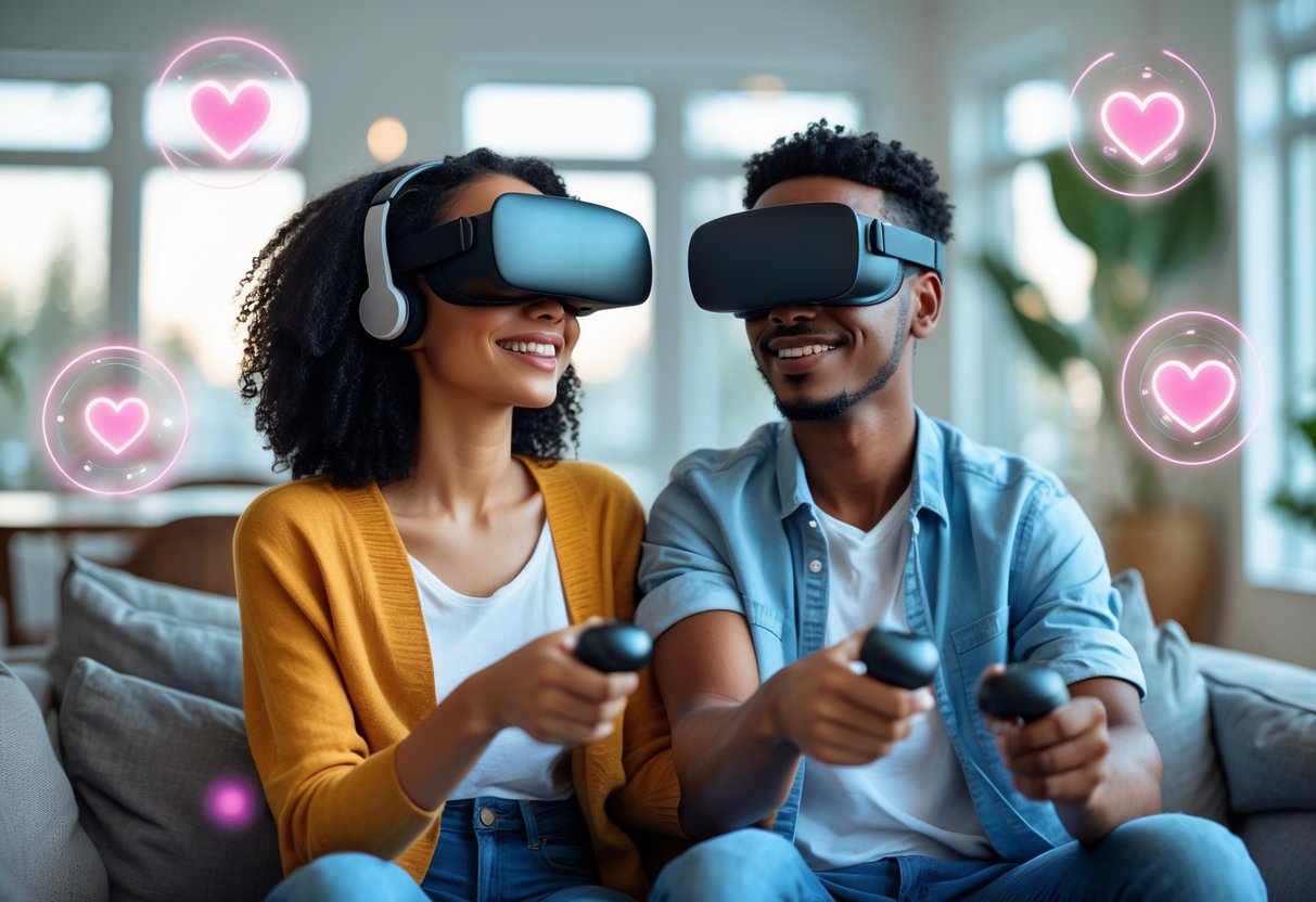 A young couple wearing virtual reality headsets interacting and smiling in a modern living room.