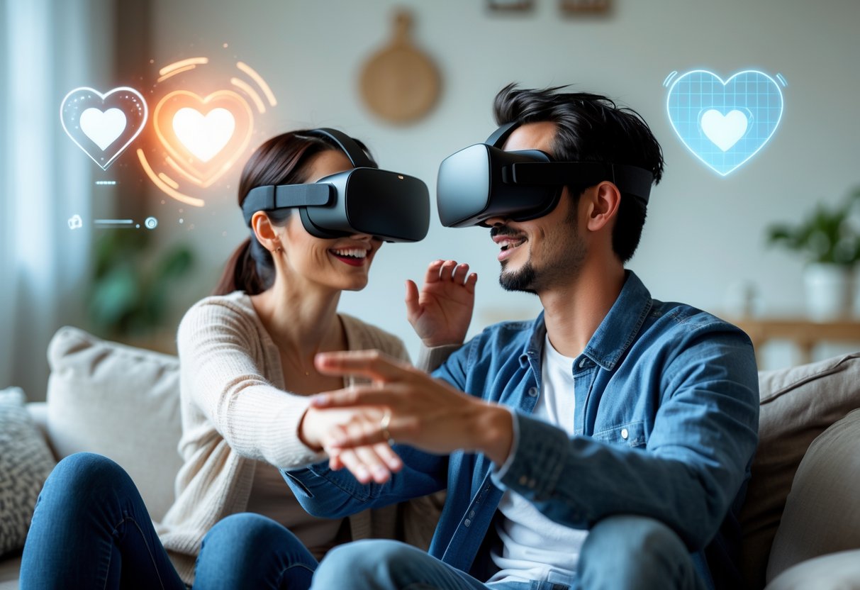 A young couple wearing virtual reality headsets reaching out to each other in a cozy living room.