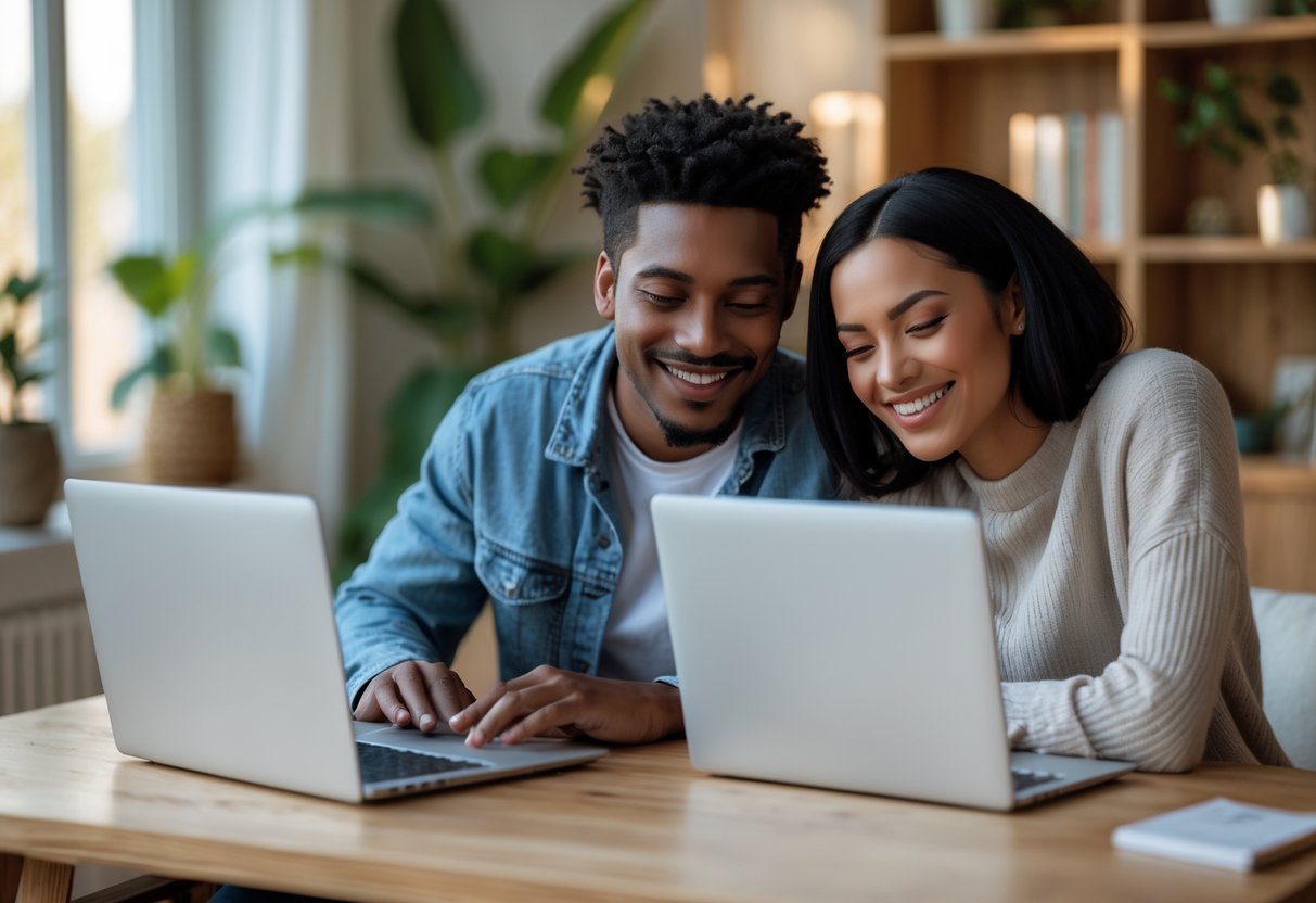 A young couple smiling and interacting warmly during a video call on their laptops in cozy home settings.